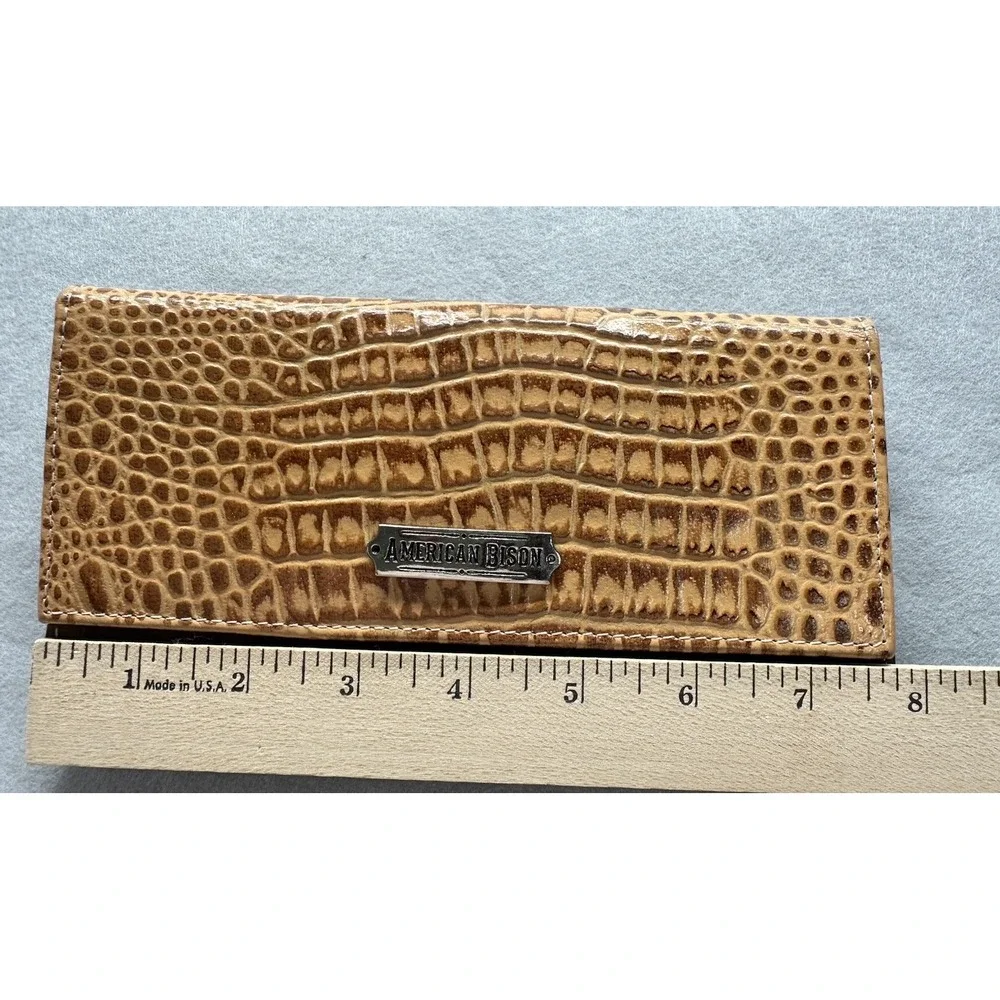 American Bison Leather Wallet with Tan Crocodile Pattern Flap Pockets New Other